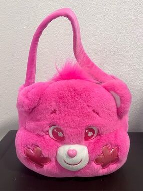 Care Bear Plush Pink Basket Handbag Halloween Candy Bag Soft Fuzzy Rainbow